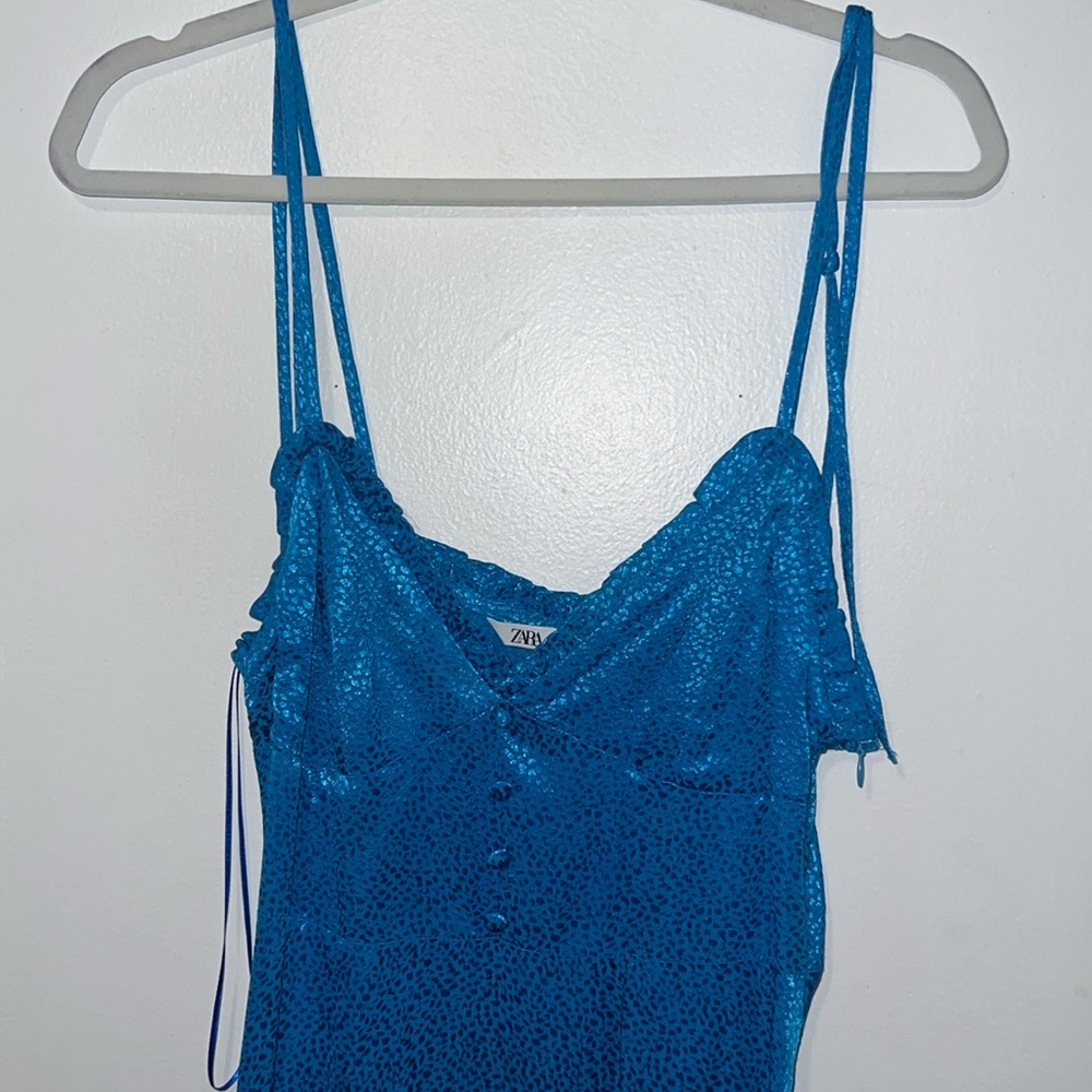 Zara babydoll satin tie strap spotted mini dress blue